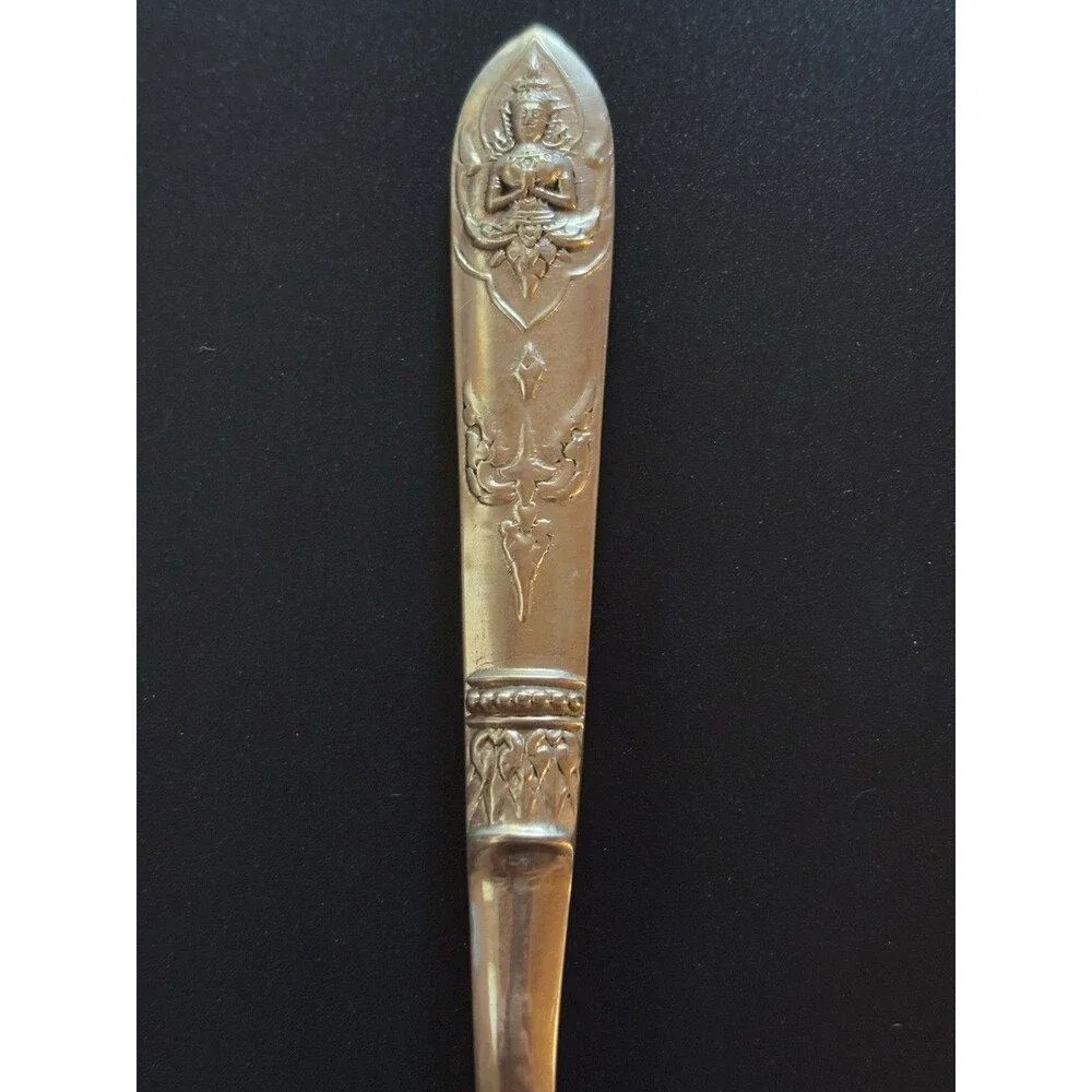 Set Of 8 Vintage Brass Dinner Forks Thailand Buddha Deity Pattern Heavy Flatware